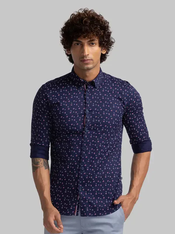 Men Blue Slim Fit Print Cotton Full Sleeve Shirts