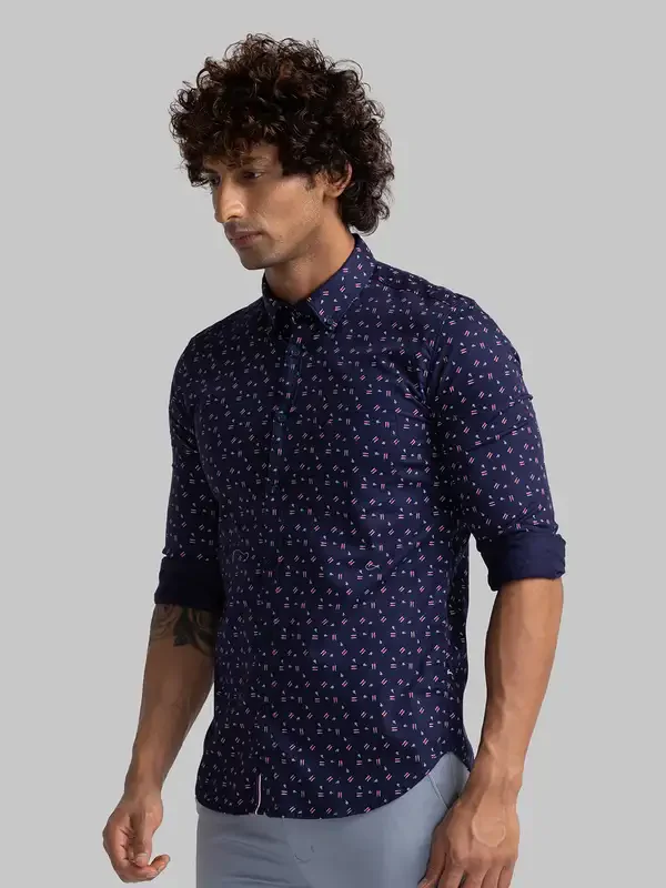 Men Blue Slim Fit Print Cotton Full Sleeve Shirts - Image 3