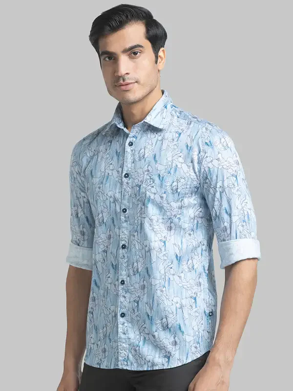 Men Blue Slim Fit Print Cotton Full Sleeve Shirts - Image 3