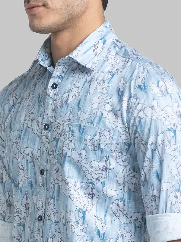 Men Blue Slim Fit Print Cotton Full Sleeve Shirts - Image 6