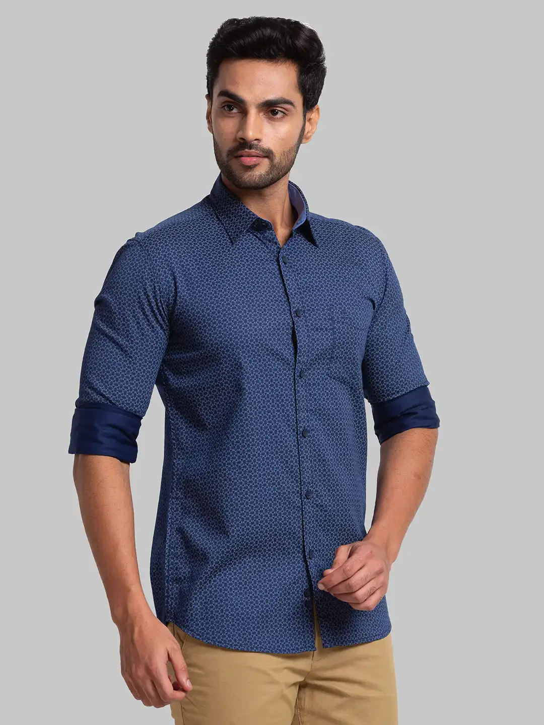 Men Blue Slim Fit Print Cotton Full Sleeve Shirts - Image 3
