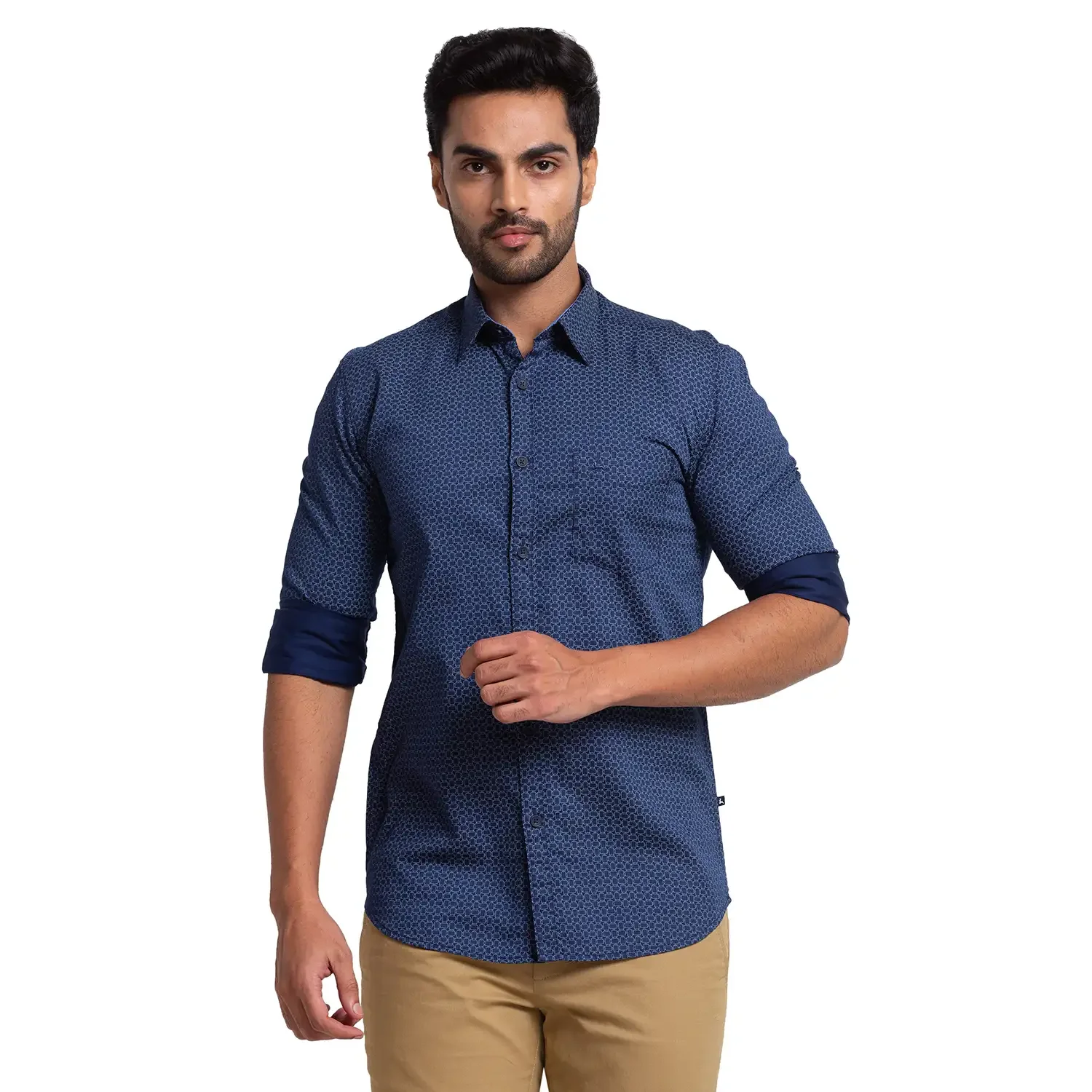 Men Blue Slim Fit Print Cotton Full Sleeve Shirts - Image 7