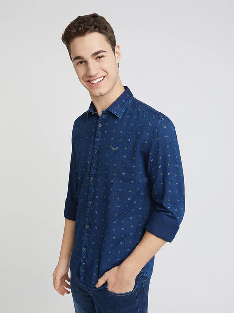 Men Blue Slim Fit Print Cotton Full Sleeve Shirts - Image 3