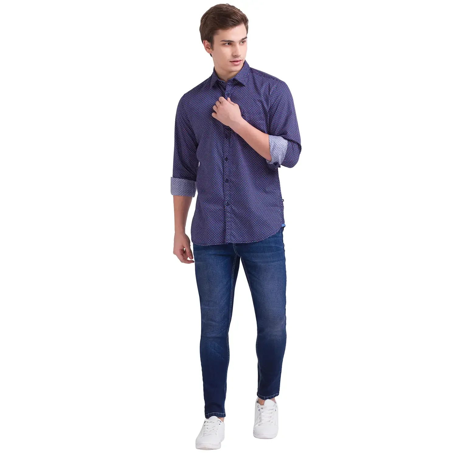 Men Blue Slim Fit Print Cotton Full Sleeve Shirts - Image 5
