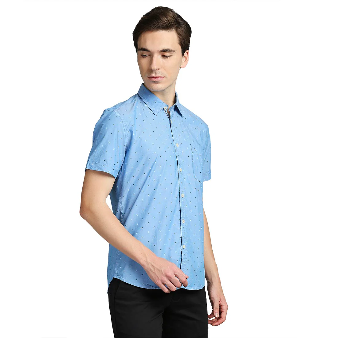Men Blue Slim Fit Print Cotton Half Sleeve Shirts - Image 3