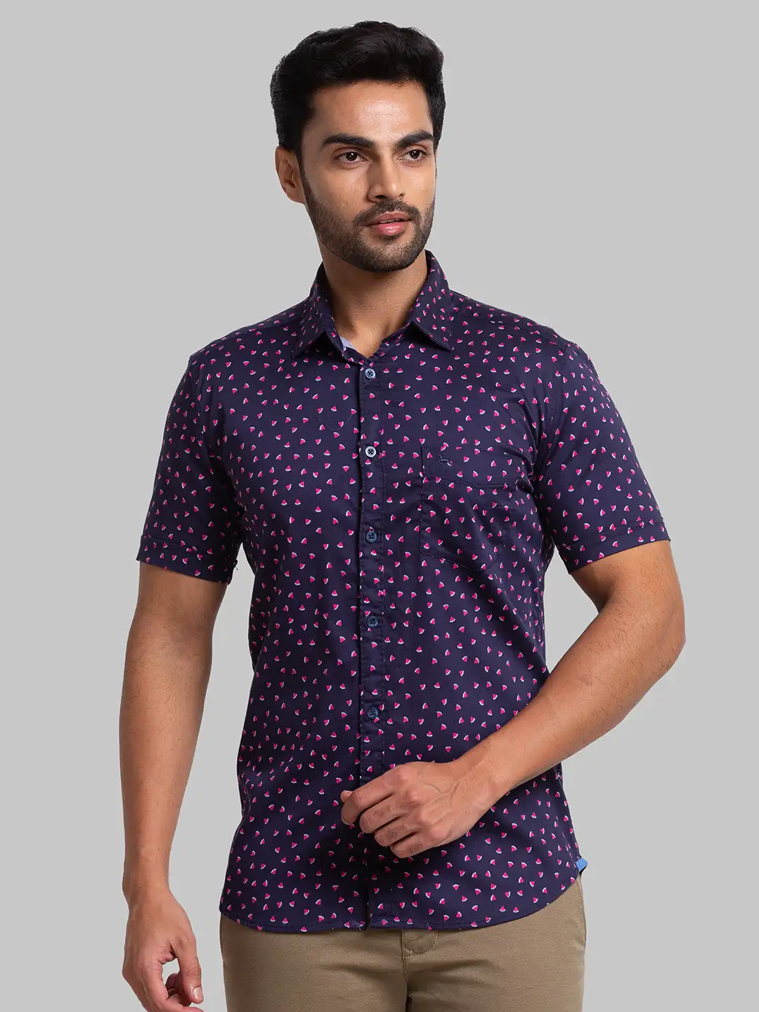 Men Blue Slim Fit Print Cotton Half Sleeve Shirts