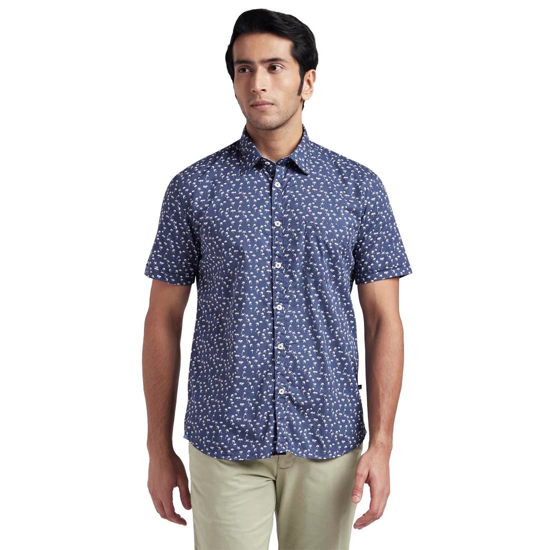 Men Blue Slim Fit Print Cotton Half Sleeve Shirts