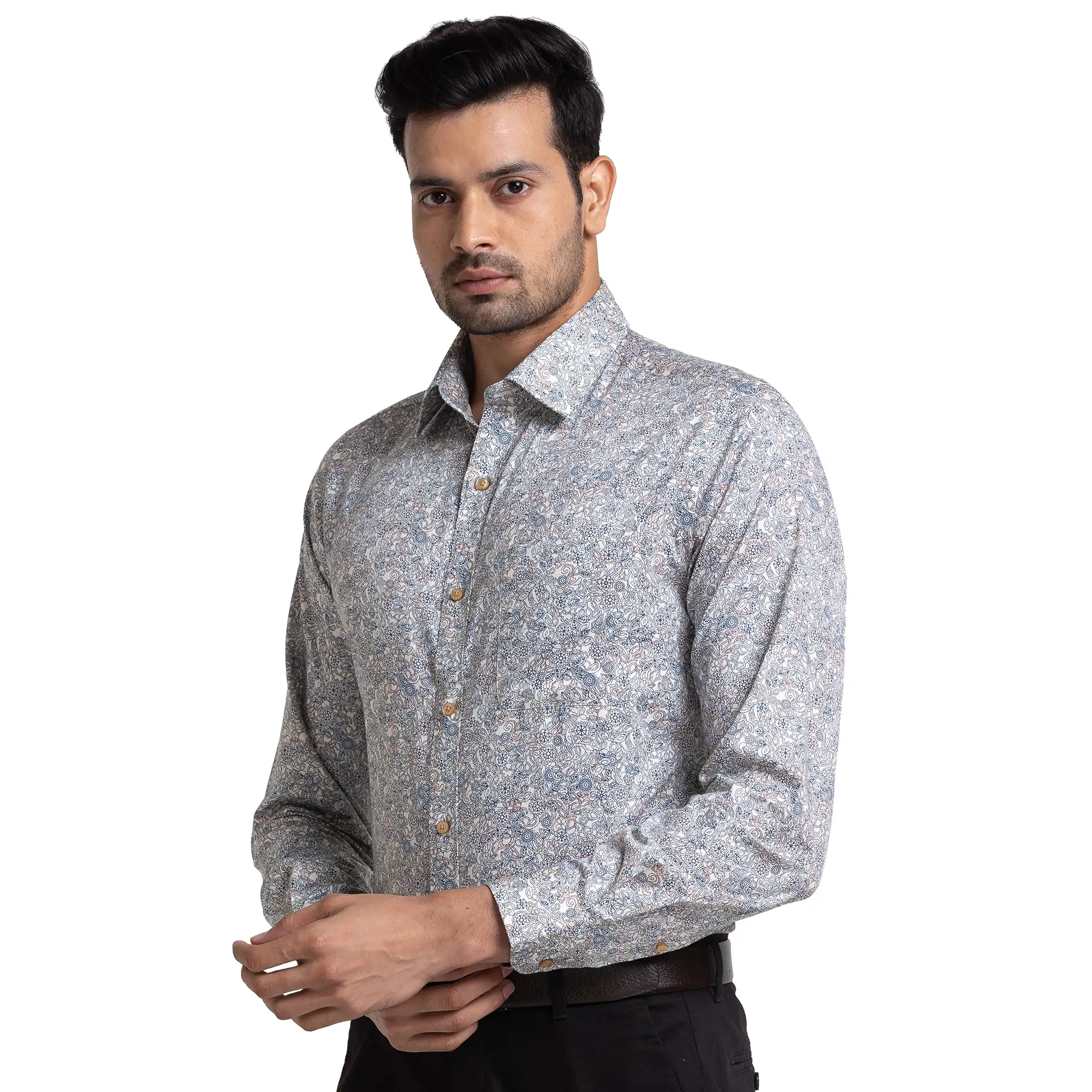 Men Blue Slim Fit Print Cotton Half Sleeve Shirts - Image 3