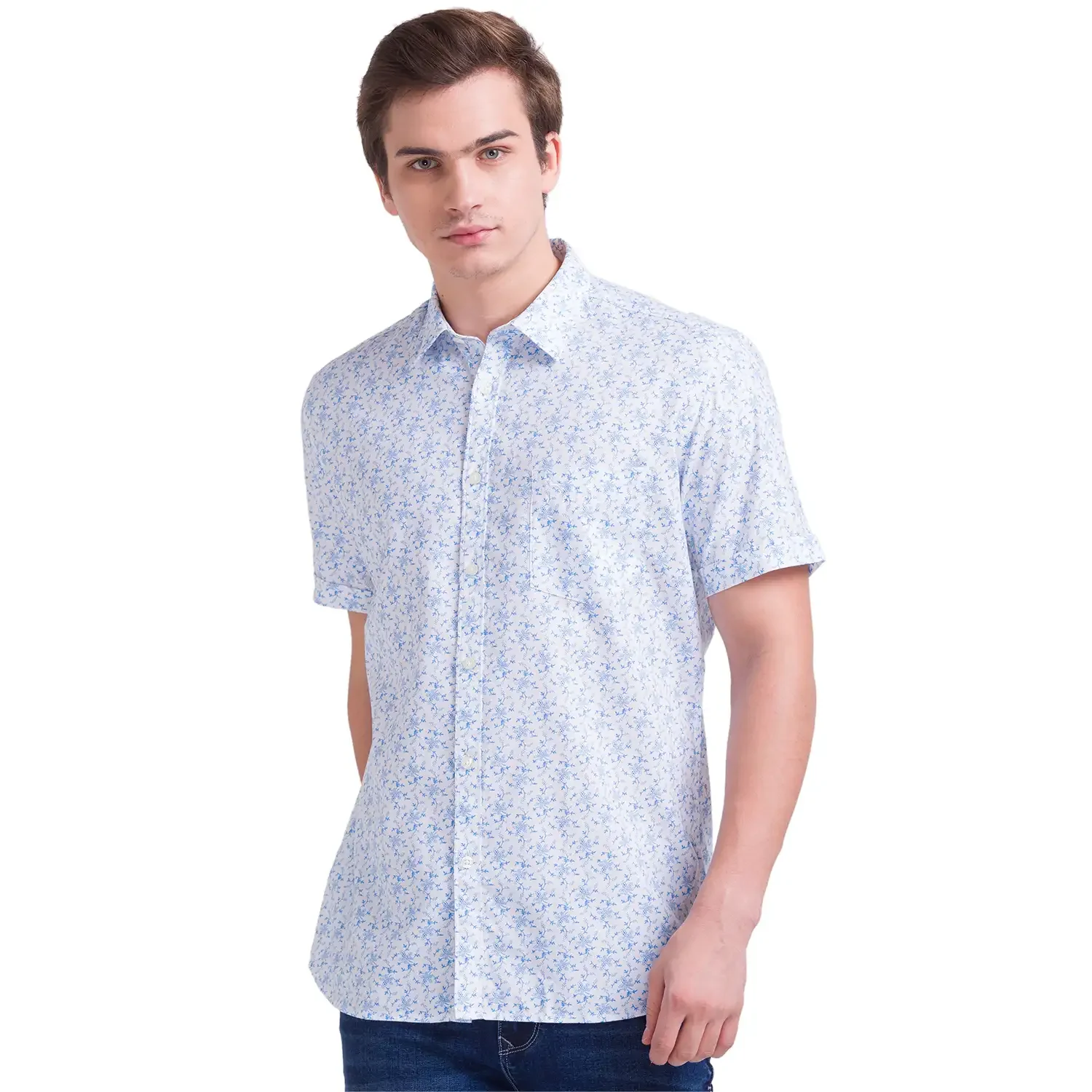 Men Blue Slim Fit Print Cotton Half Sleeve Shirts