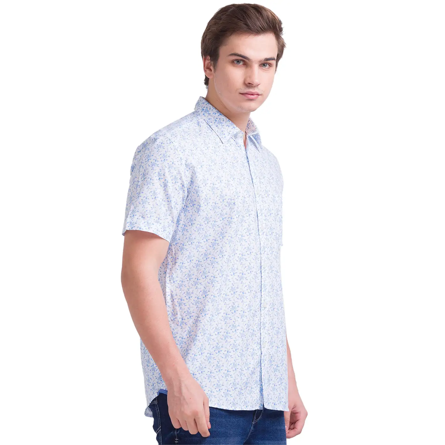 Men Blue Slim Fit Print Cotton Half Sleeve Shirts - Image 2