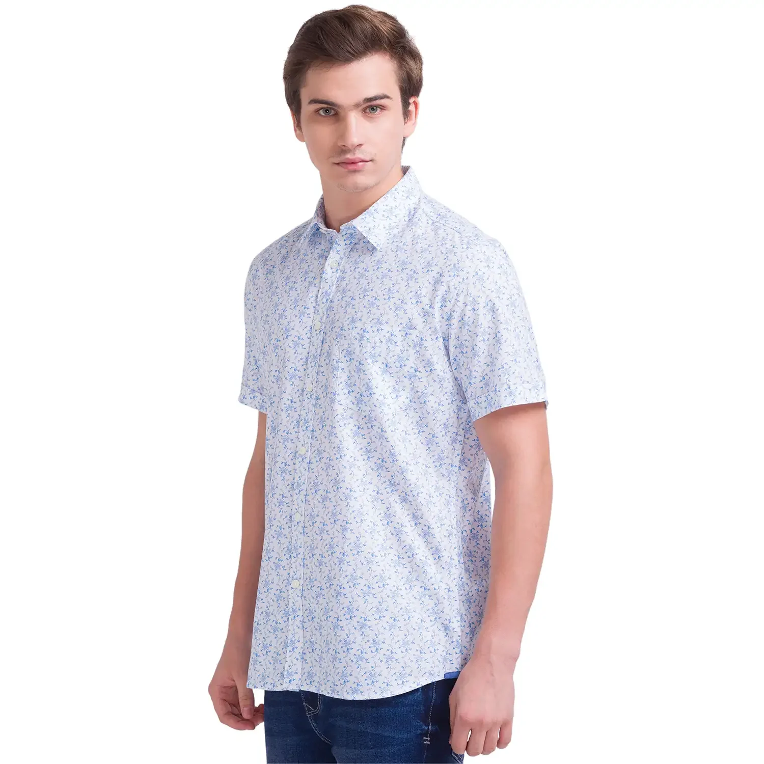 Men Blue Slim Fit Print Cotton Half Sleeve Shirts - Image 3