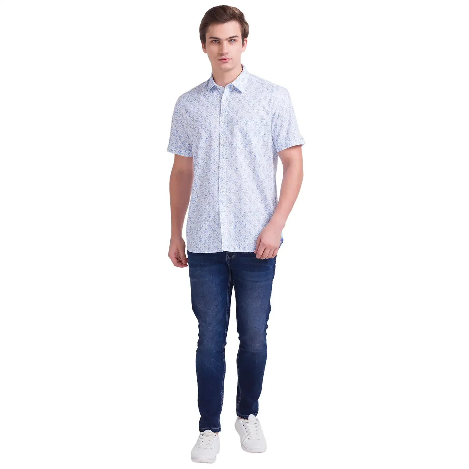 Men Blue Slim Fit Print Cotton Half Sleeve Shirts - Image 5