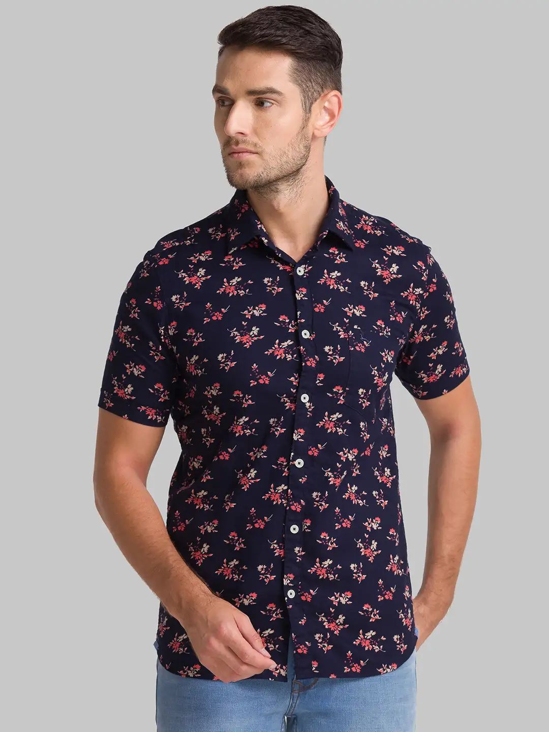 Men Blue Slim Fit Print Cotton Half Sleeve Shirts