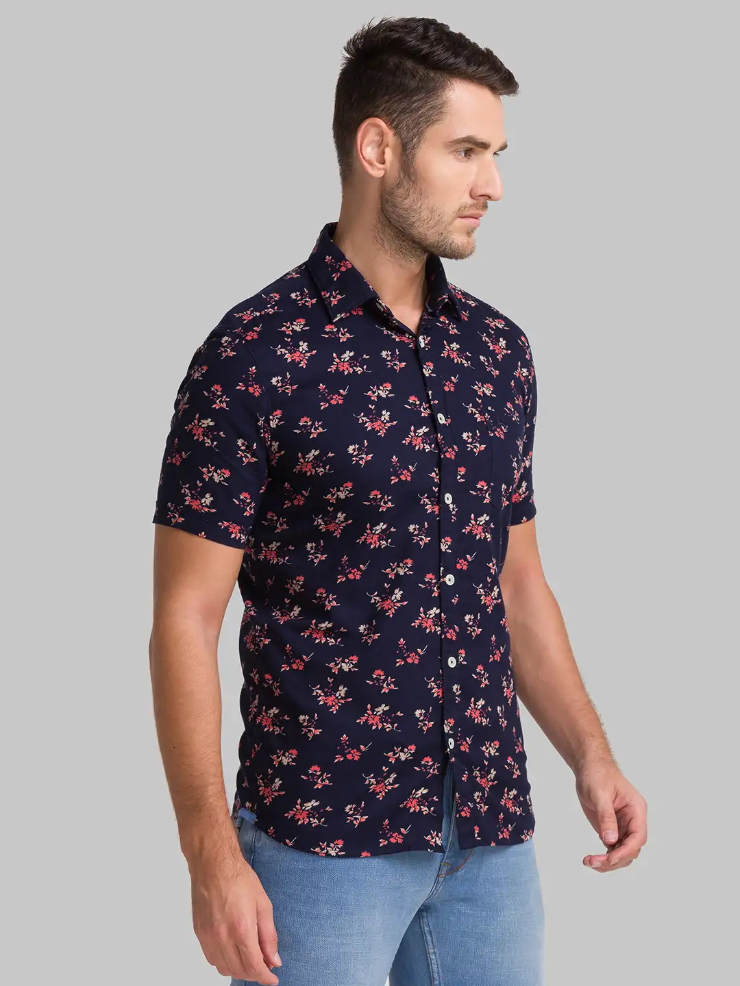Men Blue Slim Fit Print Cotton Half Sleeve Shirts - Image 2