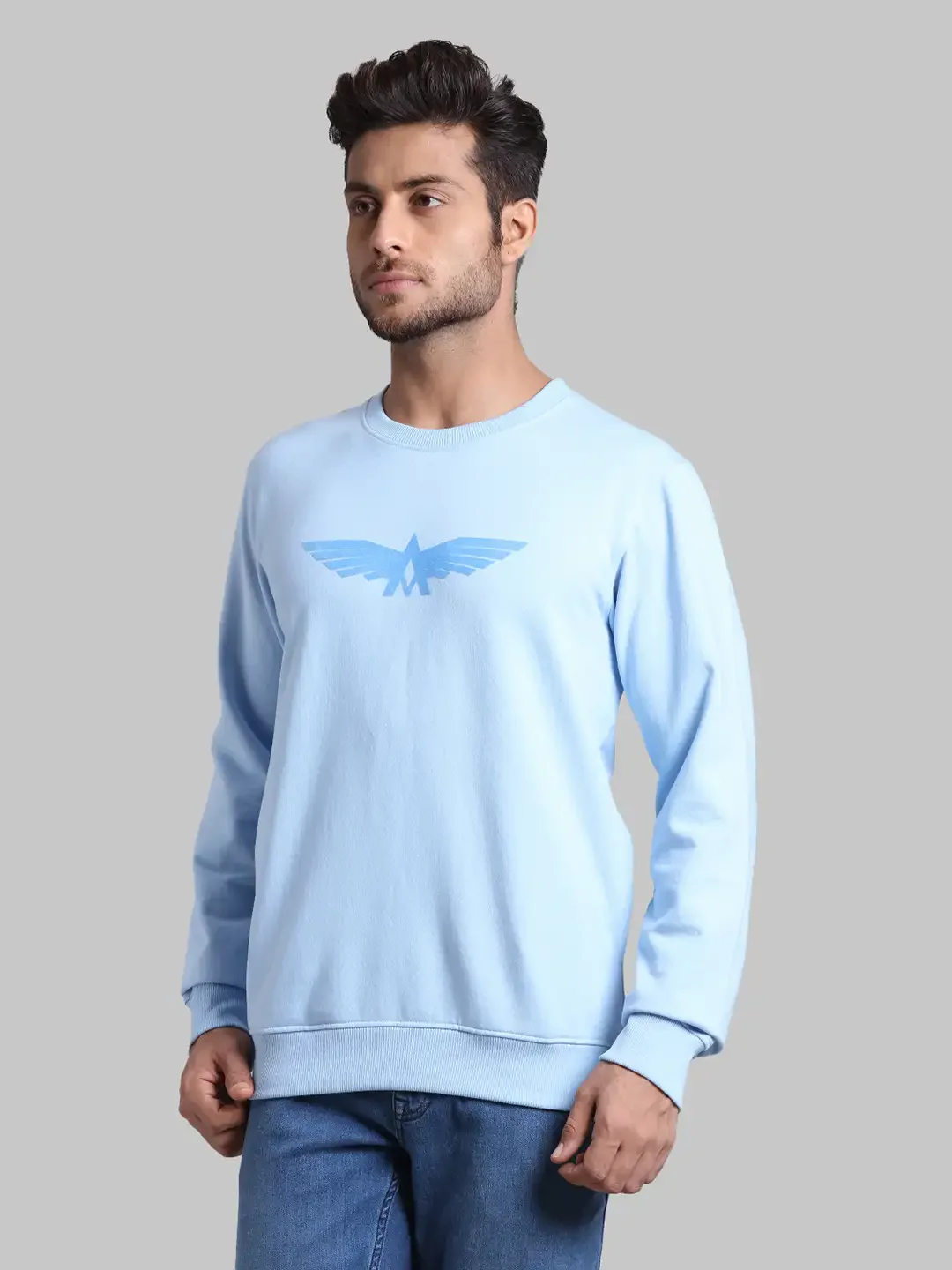 Men Blue Slim Fit Print Cotton Polyester Blend Round Collar Sweatshirts - Image 3