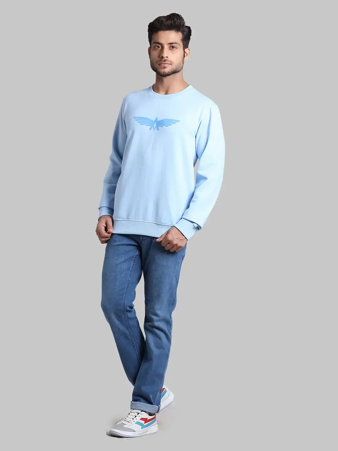 Men Blue Slim Fit Print Cotton Polyester Blend Round Collar Sweatshirts - Image 5