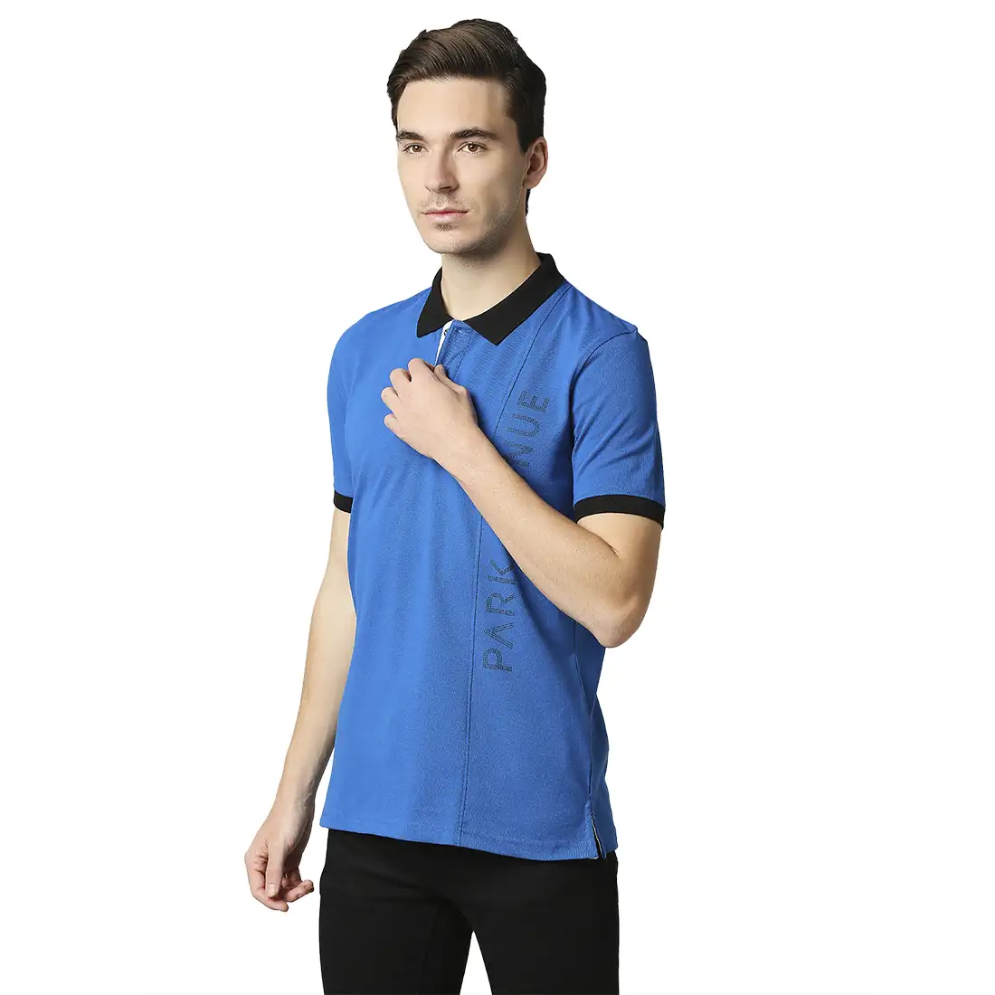 Men Blue Slim Fit Print Cotton Polyester Blend Round Neck Collar Polo T-Shirt - Image 3