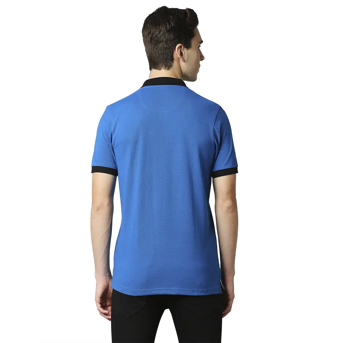 Men Blue Slim Fit Print Cotton Polyester Blend Round Neck Collar Polo T-Shirt - Image 4
