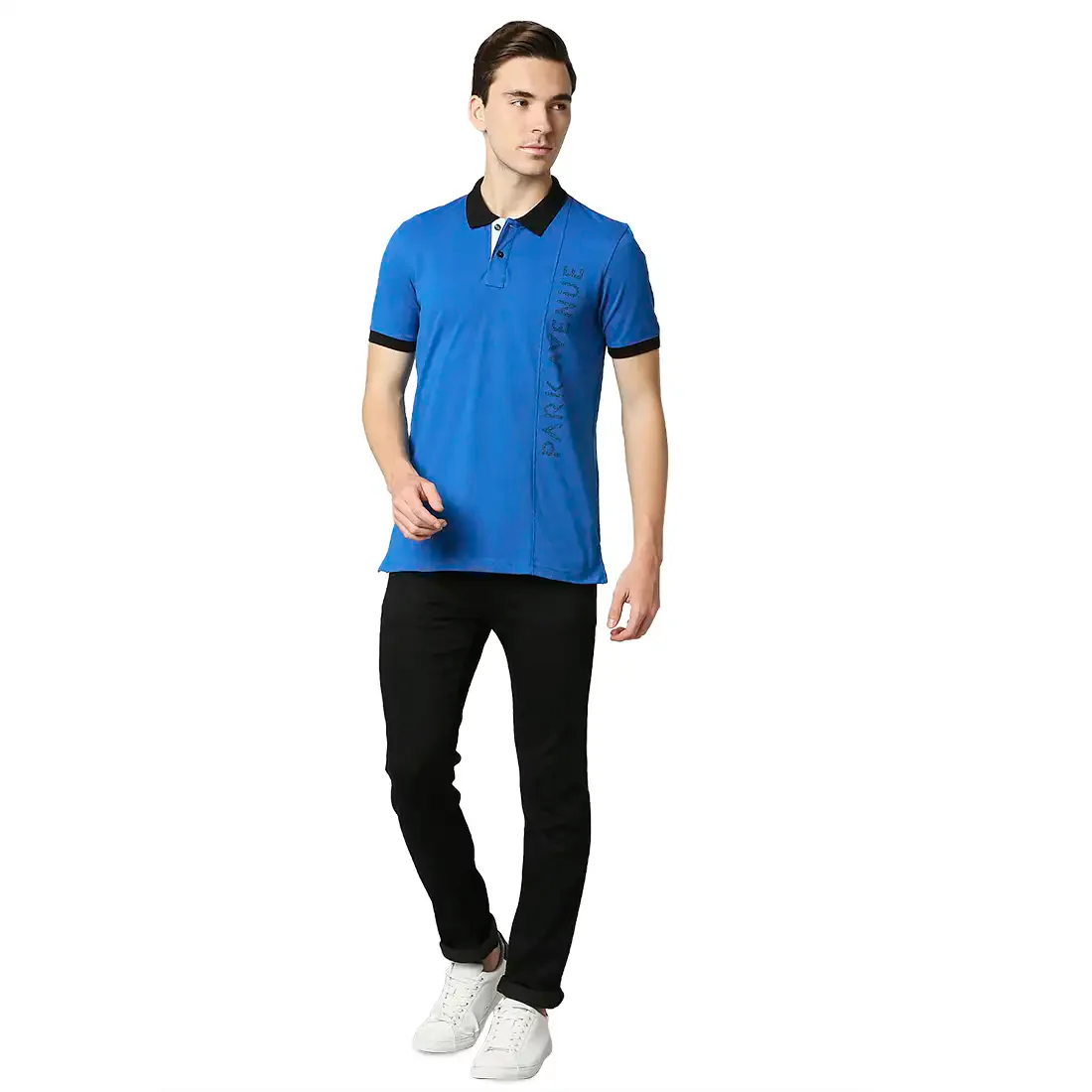 Men Blue Slim Fit Print Cotton Polyester Blend Round Neck Collar Polo T-Shirt - Image 5