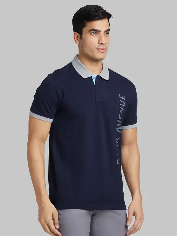 Men Blue Slim Fit Print Cotton Polyester Blend Round Neck Collar Polo T-Shirt - Image 2