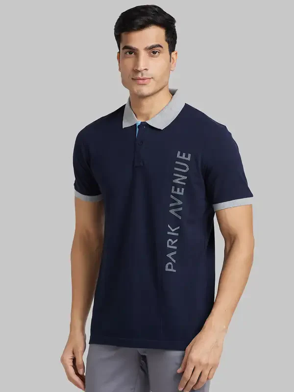 Men Blue Slim Fit Print Cotton Polyester Blend Round Neck Collar Polo T-Shirt - Image 3