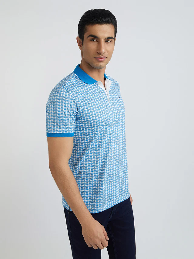 Men Blue Slim Fit Print Cotton Polyester Blend Round Neck Collar Polo T-Shirt - Image 2