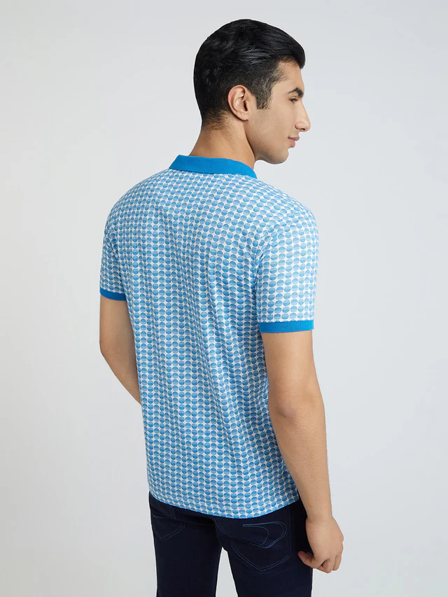 Men Blue Slim Fit Print Cotton Polyester Blend Round Neck Collar Polo T-Shirt - Image 4