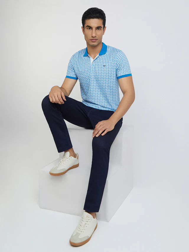 Men Blue Slim Fit Print Cotton Polyester Blend Round Neck Collar Polo T-Shirt - Image 5