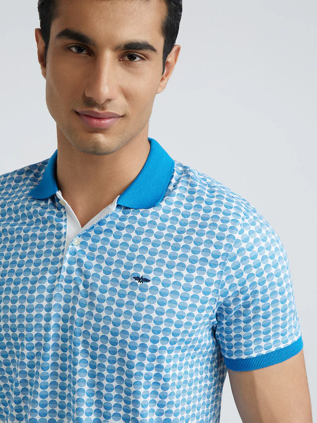Men Blue Slim Fit Print Cotton Polyester Blend Round Neck Collar Polo T-Shirt - Image 6
