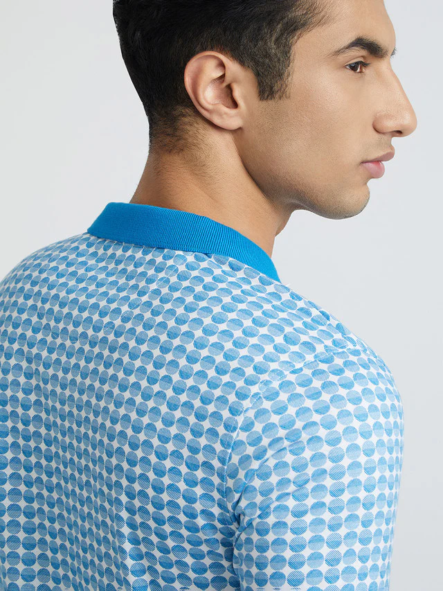 Men Blue Slim Fit Print Cotton Polyester Blend Round Neck Collar Polo T-Shirt - Image 7