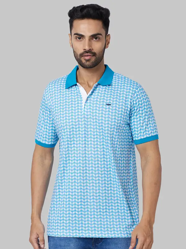 Men Blue Slim Fit Print Cotton Polyester Blend Round Neck Collar Polo T-Shirt