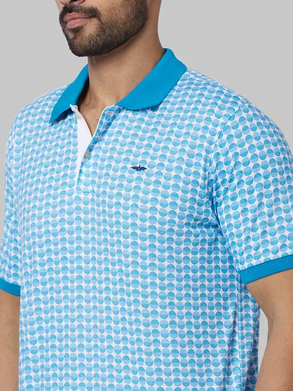 Men Blue Slim Fit Print Cotton Polyester Blend Round Neck Collar Polo T-Shirt - Image 6
