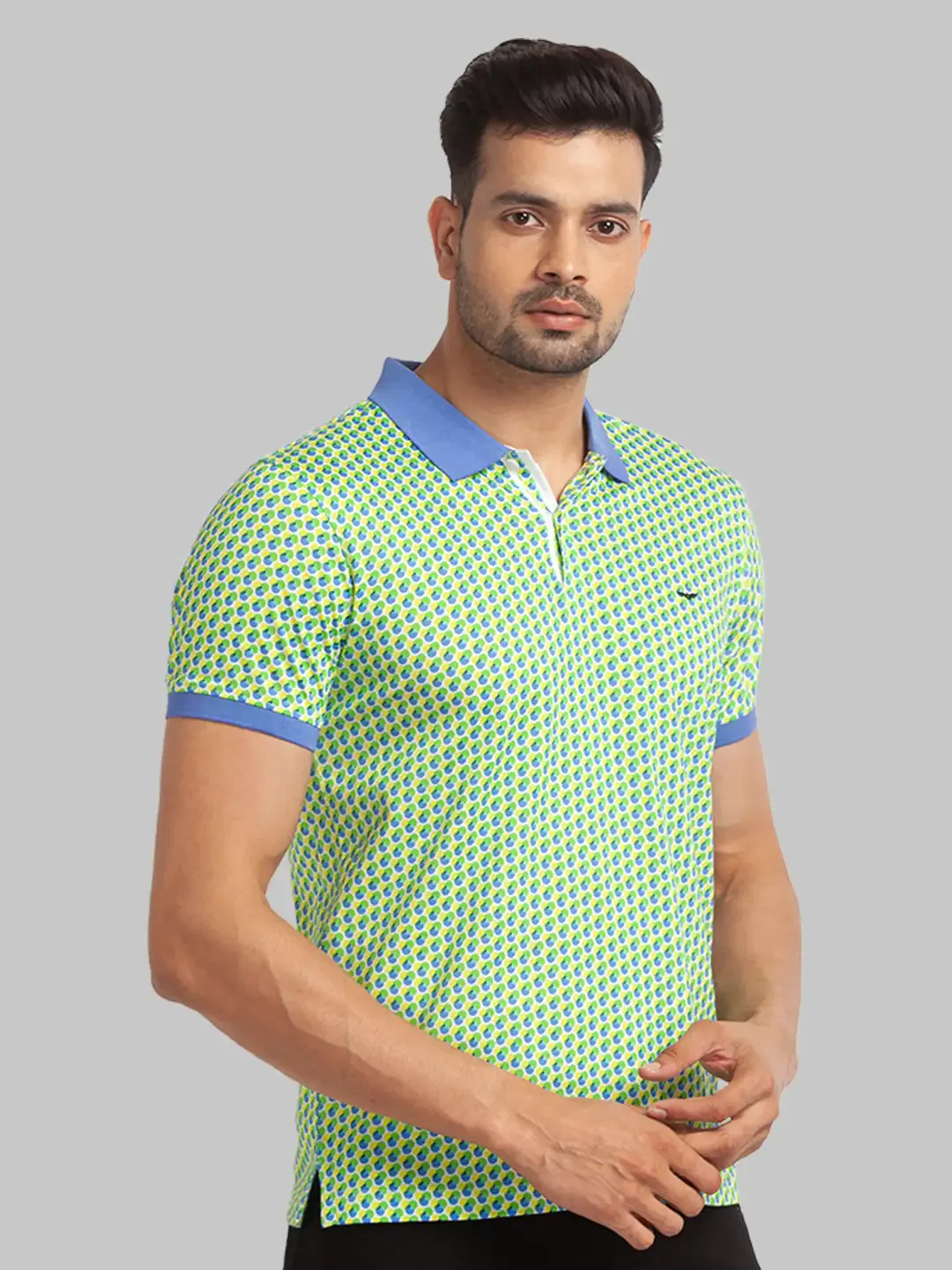Men Blue Slim Fit Print Cotton Round Neck Collar Polo T-Shirt - Image 2