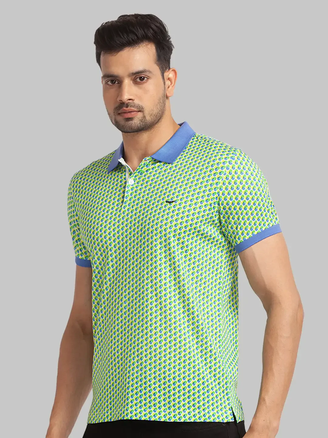 Men Blue Slim Fit Print Cotton Round Neck Collar Polo T-Shirt - Image 3