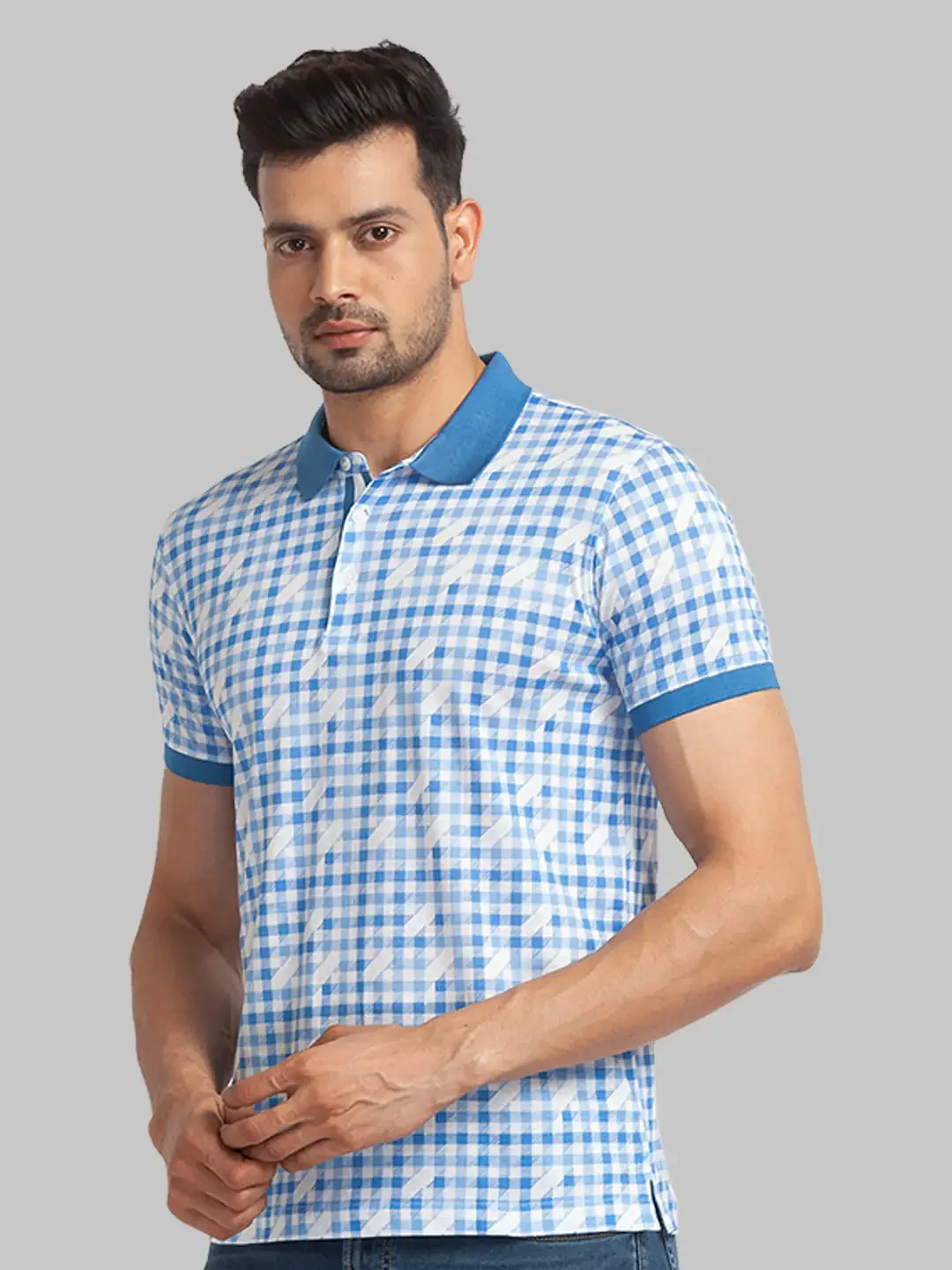 Men Blue Slim Fit Print Cotton Round Neck Collar Polo T-Shirt - Image 3
