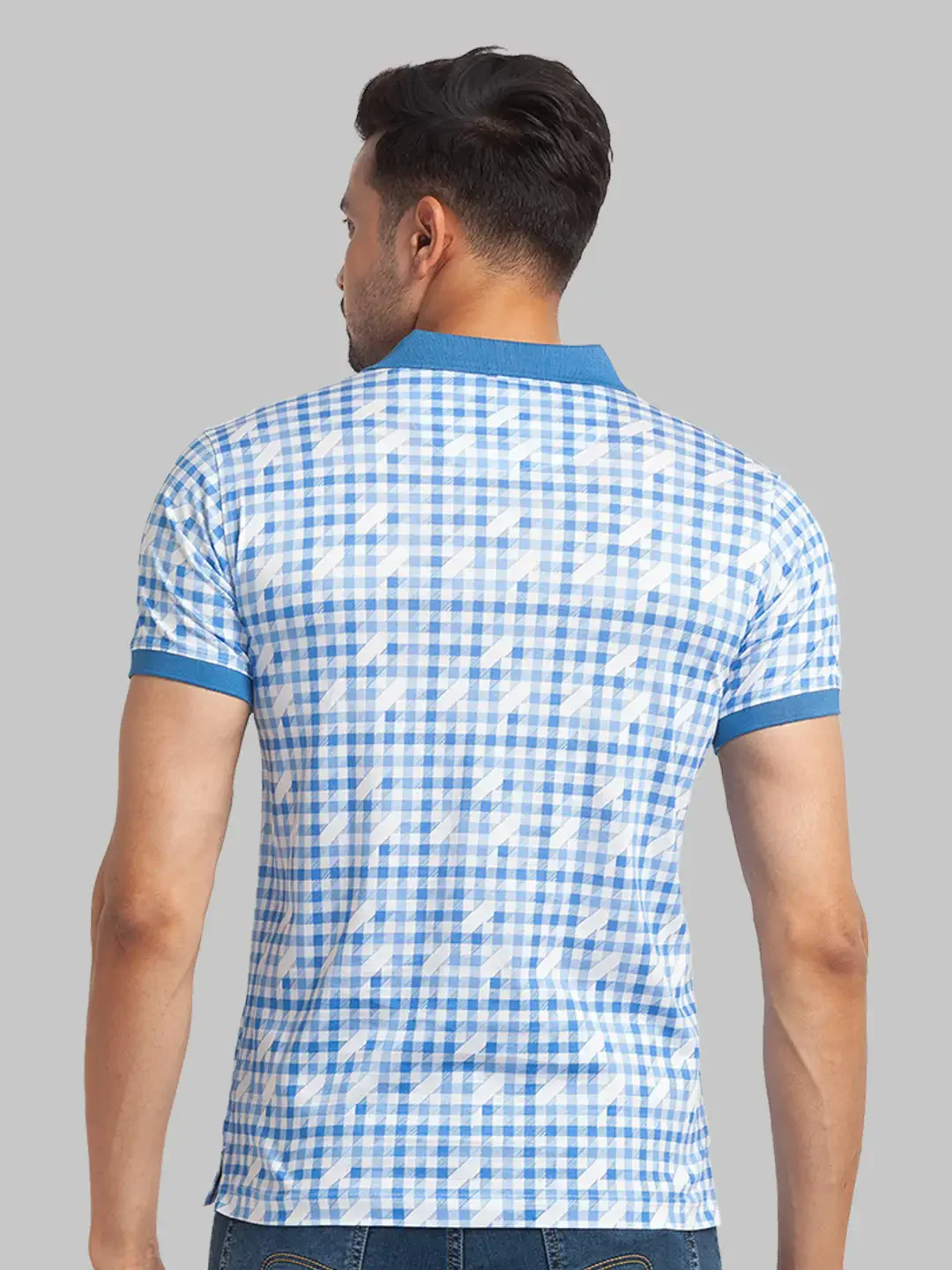 Men Blue Slim Fit Print Cotton Round Neck Collar Polo T-Shirt - Image 5