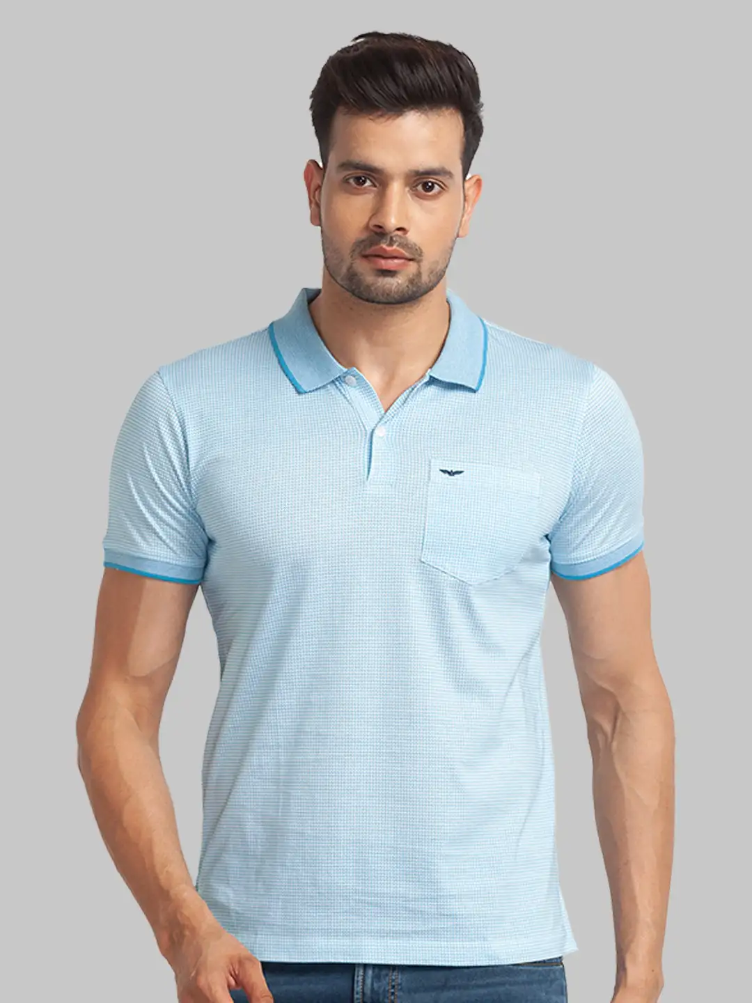 Men Blue Slim Fit Print Cotton Round Neck Collar Polo T-Shirt
