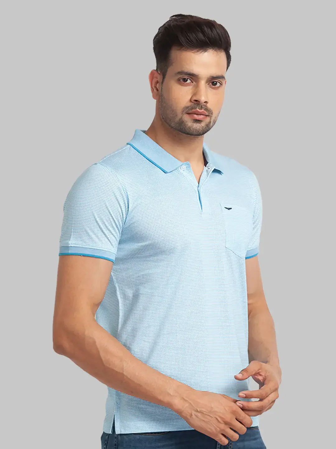 Men Blue Slim Fit Print Cotton Round Neck Collar Polo T-Shirt - Image 2