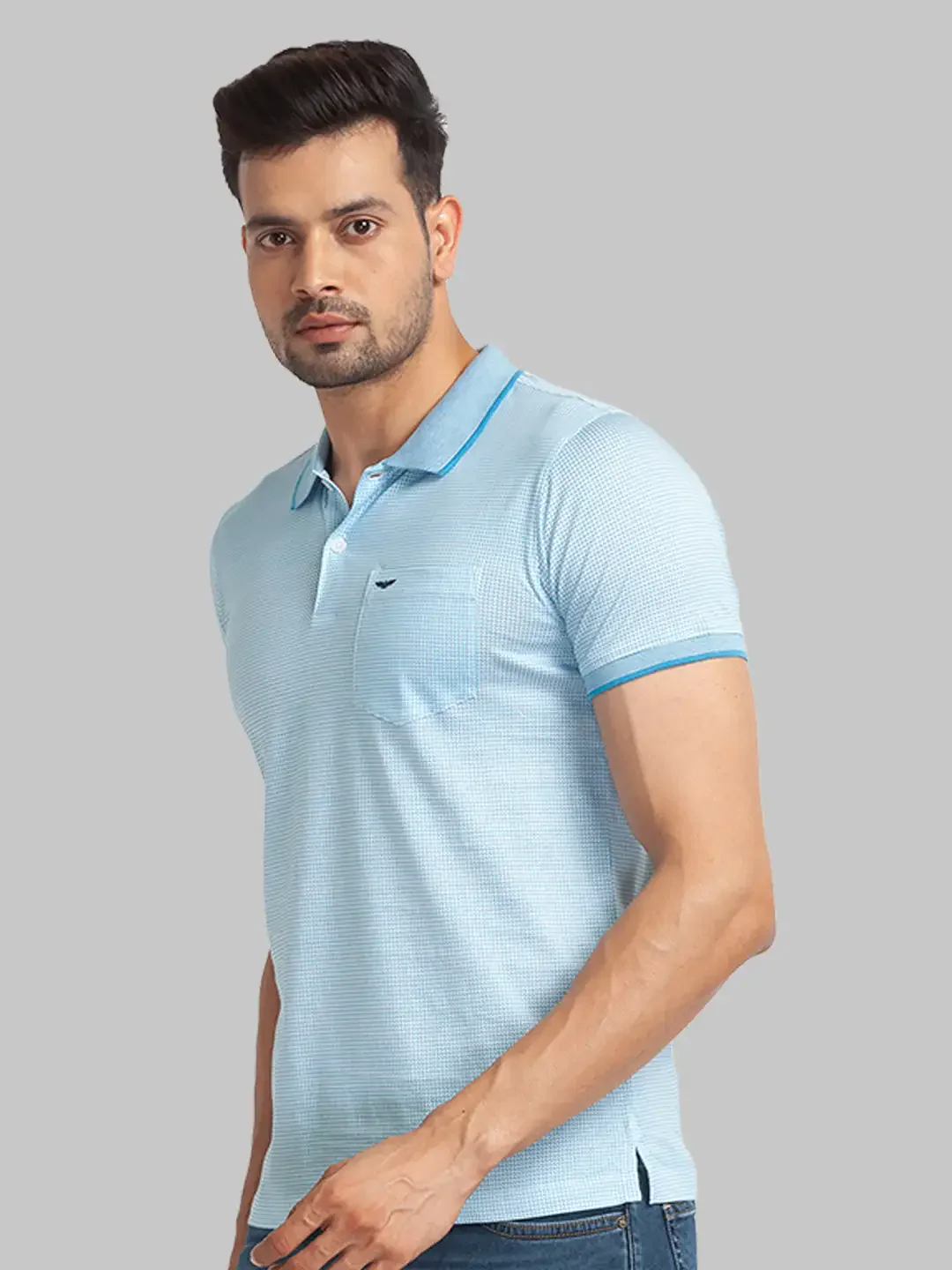 Men Blue Slim Fit Print Cotton Round Neck Collar Polo T-Shirt - Image 3