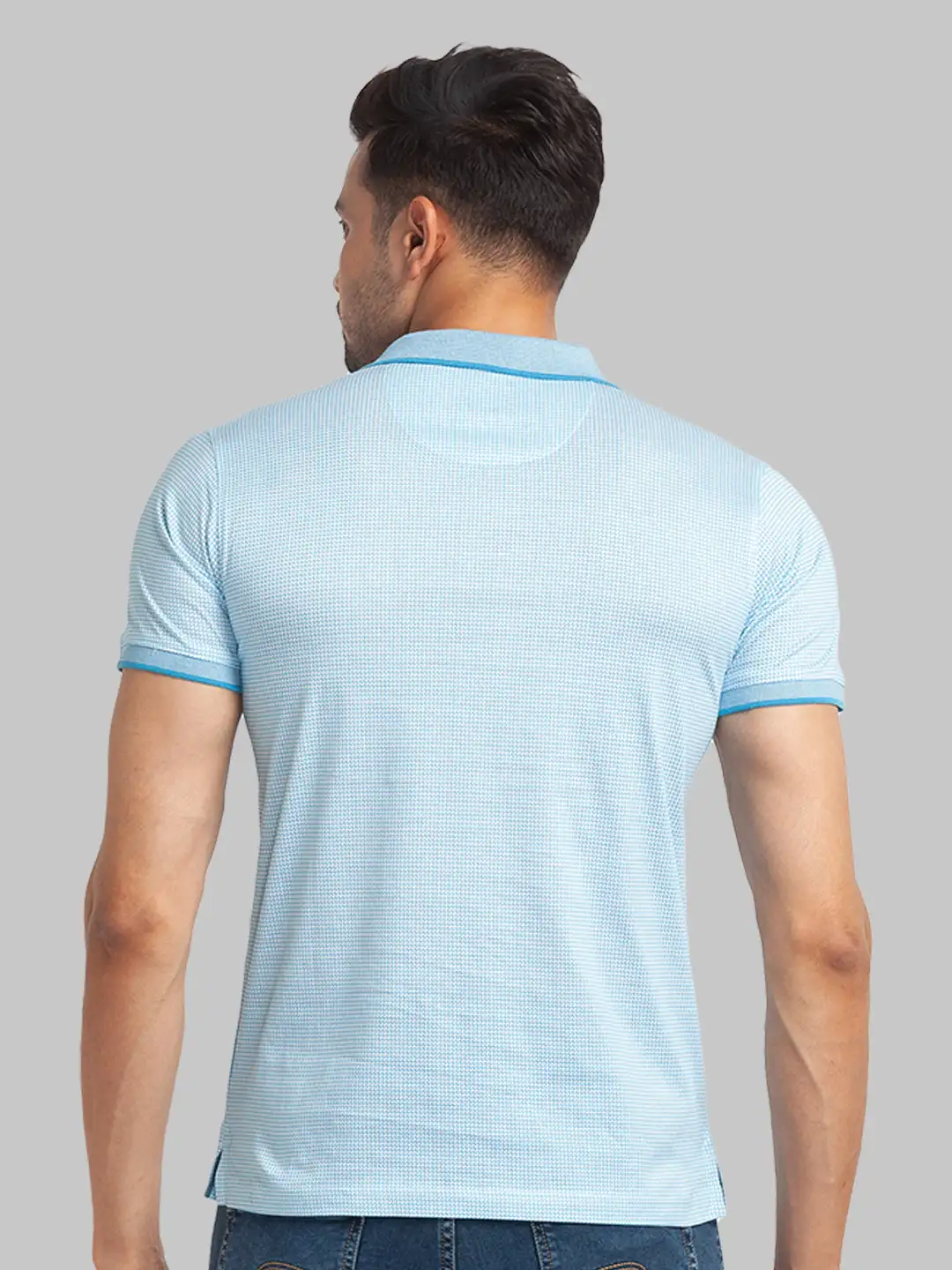 Men Blue Slim Fit Print Cotton Round Neck Collar Polo T-Shirt - Image 4