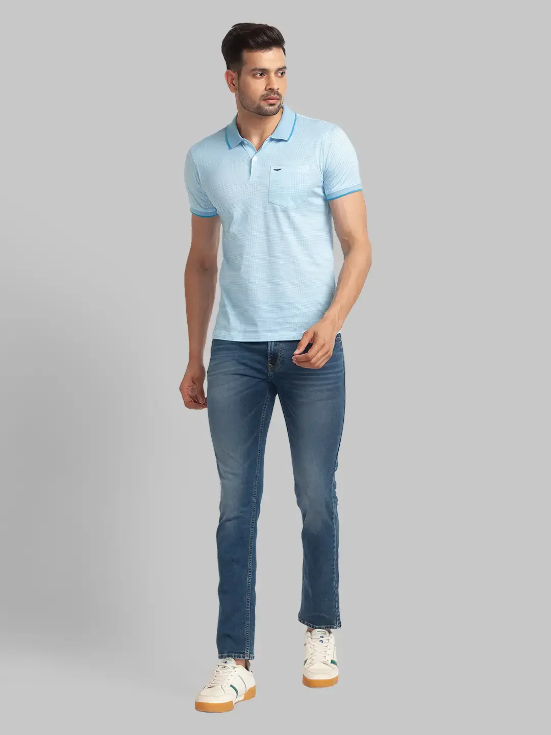 Men Blue Slim Fit Print Cotton Round Neck Collar Polo T-Shirt - Image 5