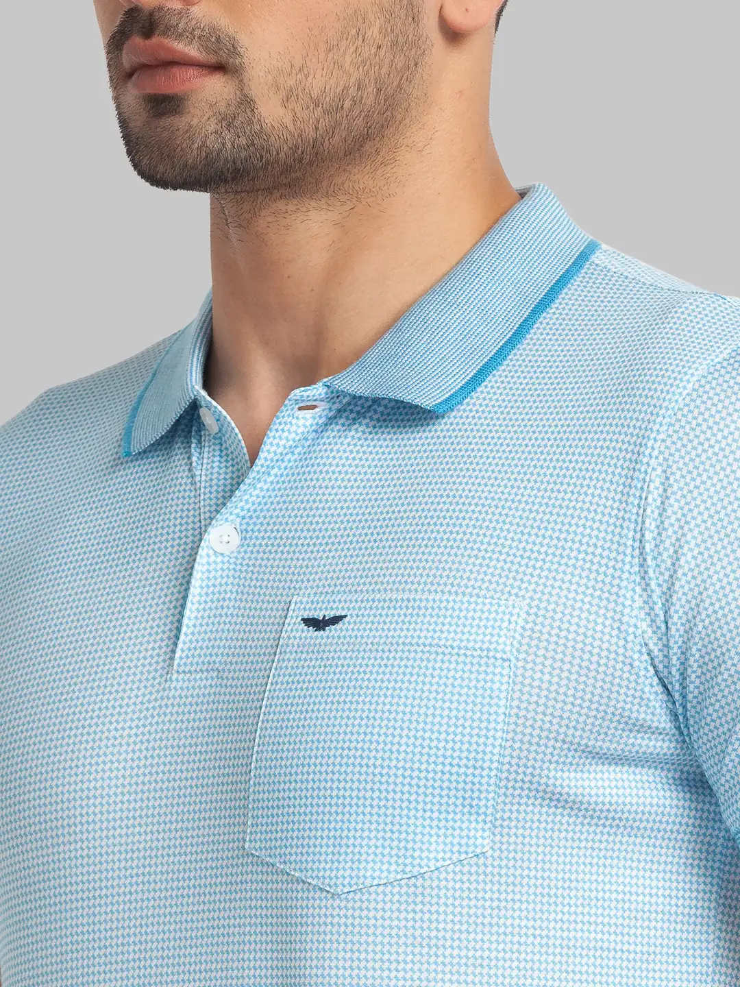 Men Blue Slim Fit Print Cotton Round Neck Collar Polo T-Shirt - Image 6