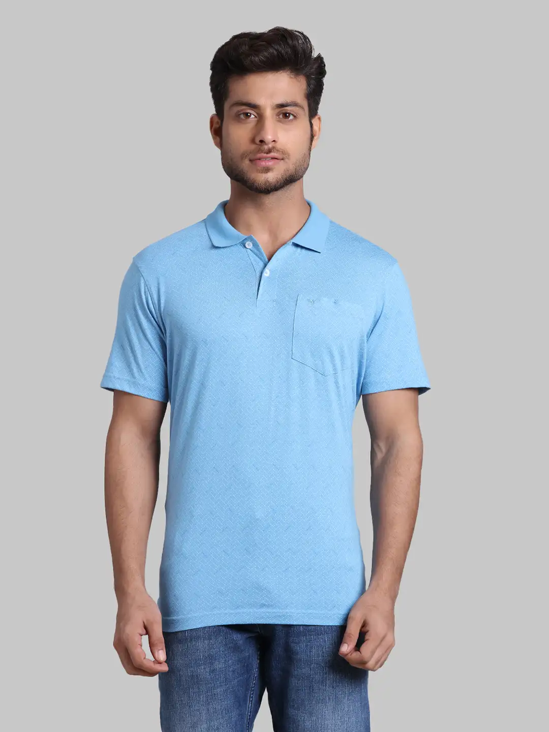 Men Blue Slim Fit Print Cotton Round Neck Collar Polo T-Shirt
