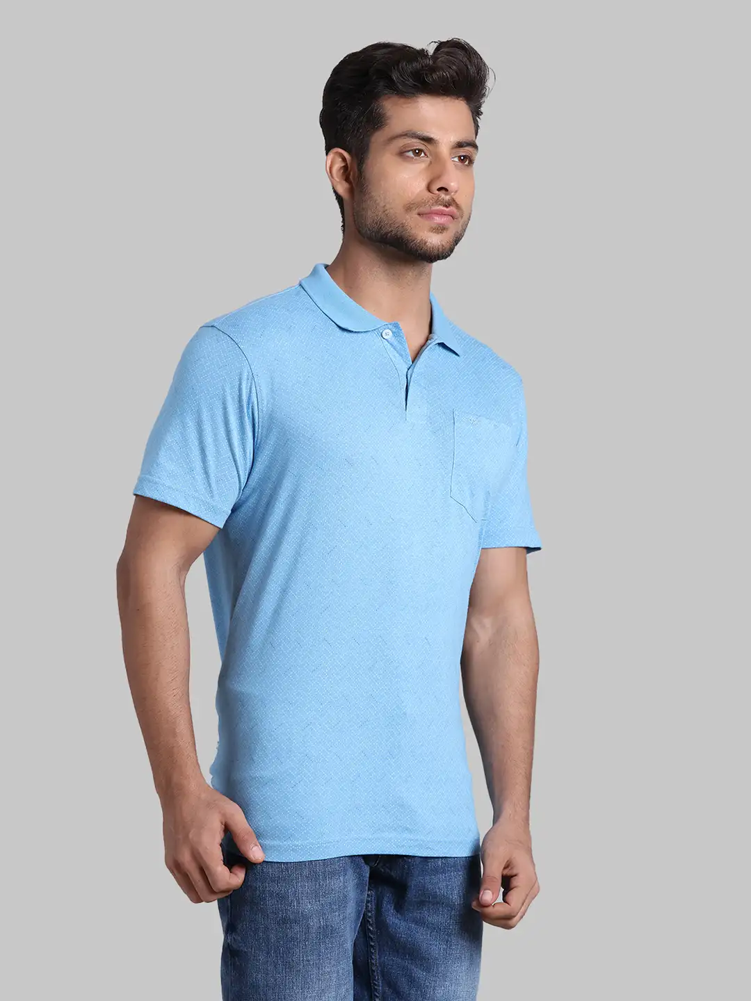 Men Blue Slim Fit Print Cotton Round Neck Collar Polo T-Shirt - Image 2