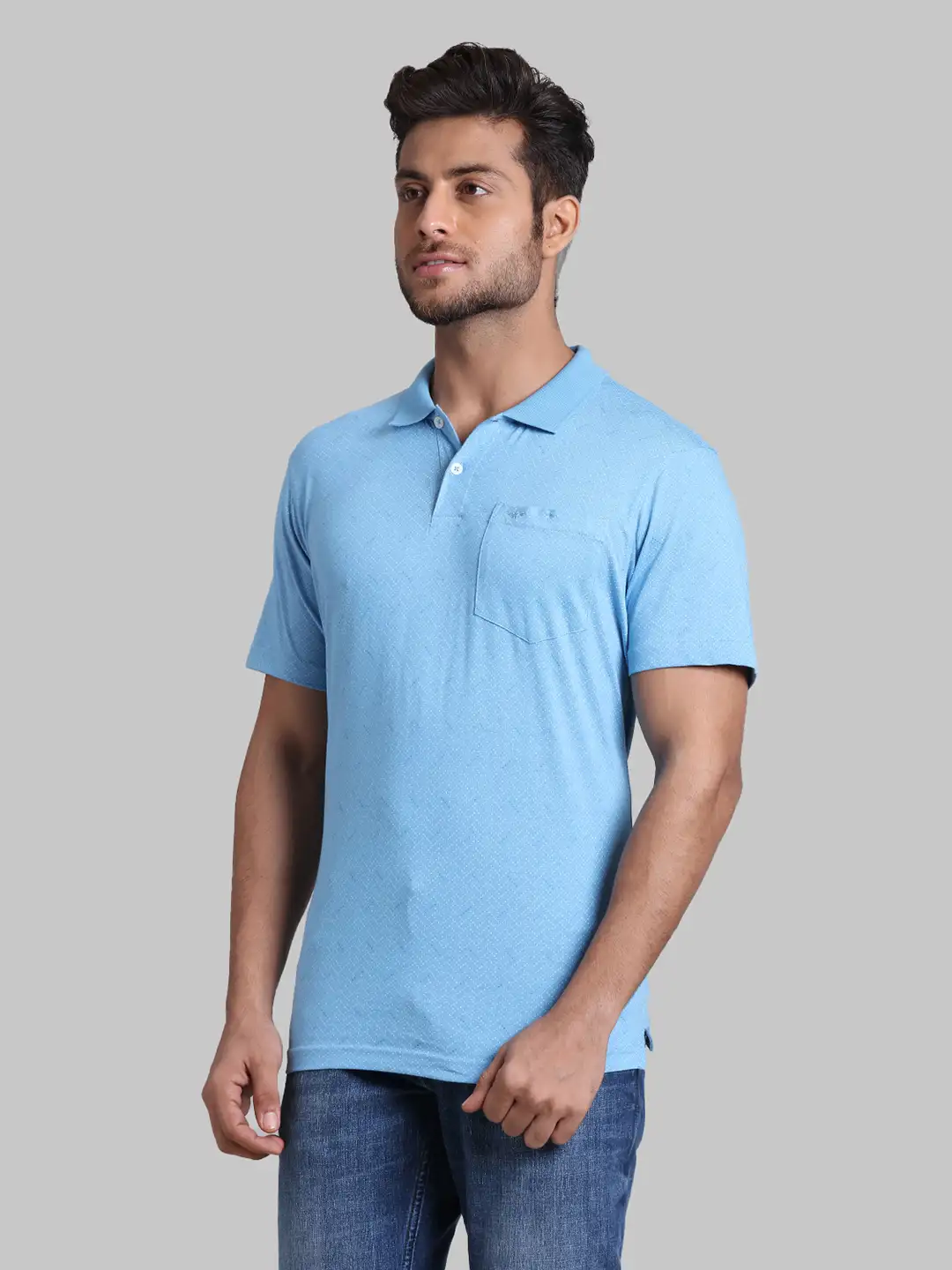 Men Blue Slim Fit Print Cotton Round Neck Collar Polo T-Shirt - Image 3
