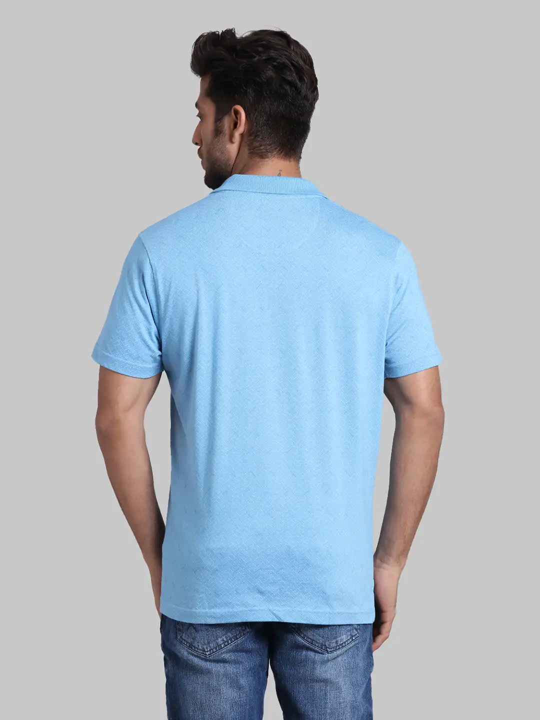 Men Blue Slim Fit Print Cotton Round Neck Collar Polo T-Shirt - Image 4