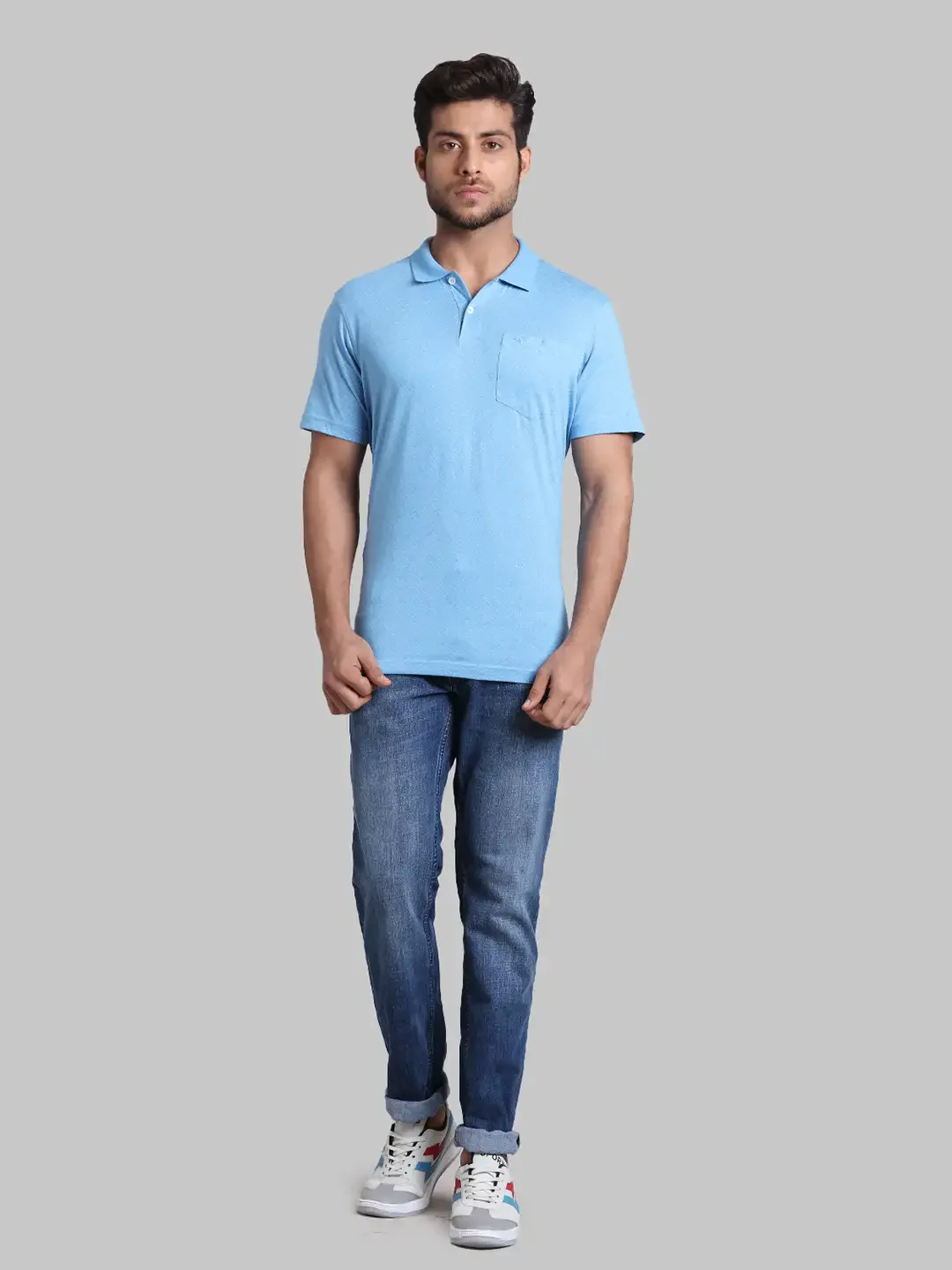 Men Blue Slim Fit Print Cotton Round Neck Collar Polo T-Shirt - Image 5