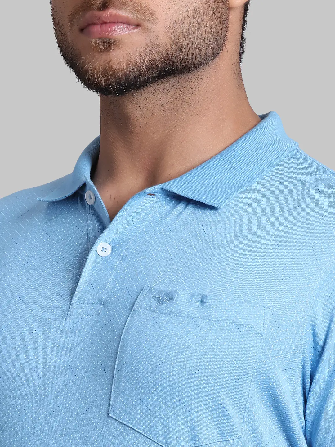 Men Blue Slim Fit Print Cotton Round Neck Collar Polo T-Shirt - Image 6
