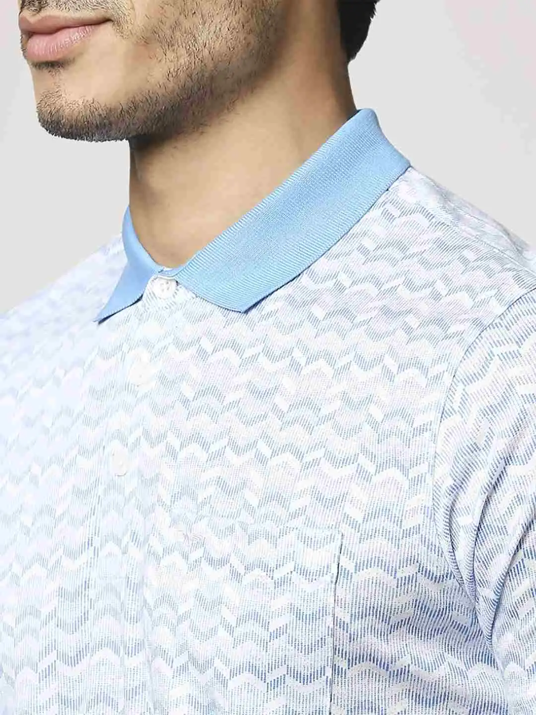 Men Blue Slim Fit Print Cotton Round Neck Collar Polo T-Shirt - Image 2