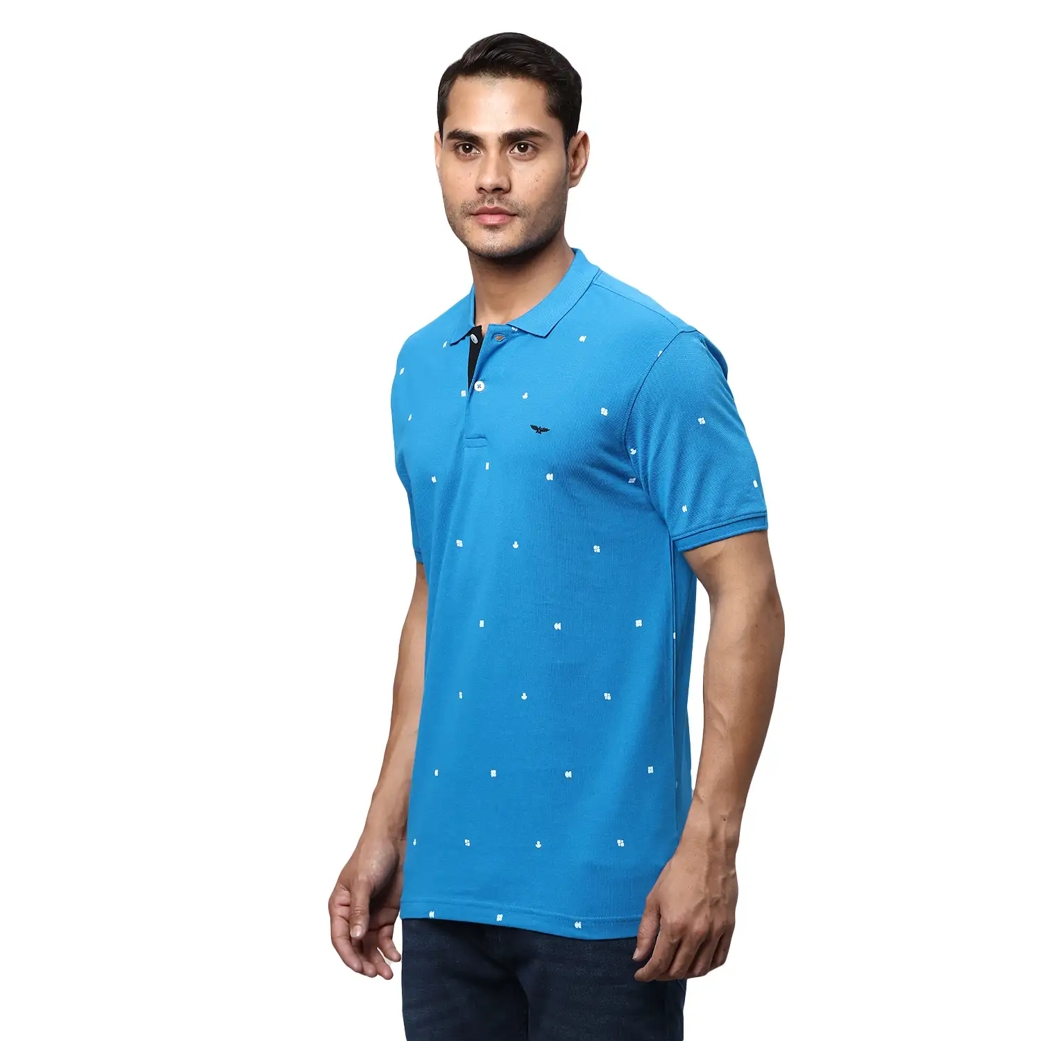 Men Blue Slim Fit Print Cotton Round Neck Collar Polo T-Shirt - Image 3